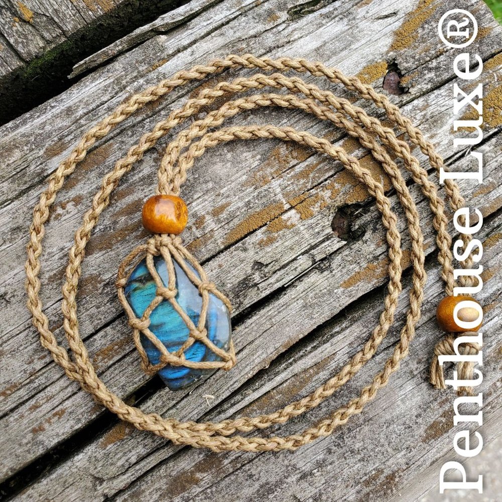 NEW!! Real Labradorite Wooden Beaded Rope Fishing Net Pendant Necklace - Picture 4 of 5